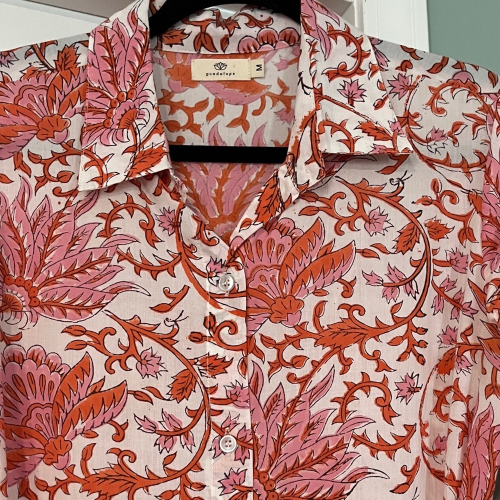 Floral Coral and White Maxi Shirt Dress with Waist Tie - Picture 2 of 4